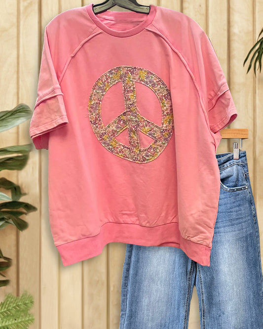 Printed Peace Applique Patchwork Casual Round Neck T-Shirt