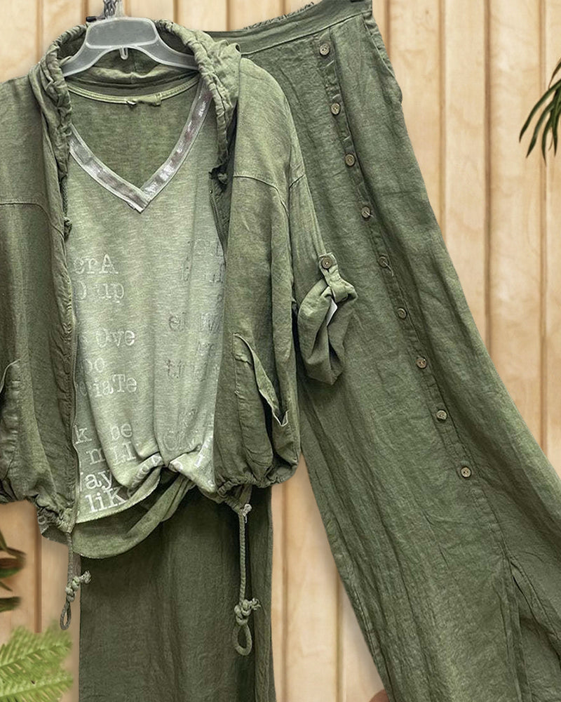 Distressed Solid Color Hooded Casual Wide Leg Pant Suit