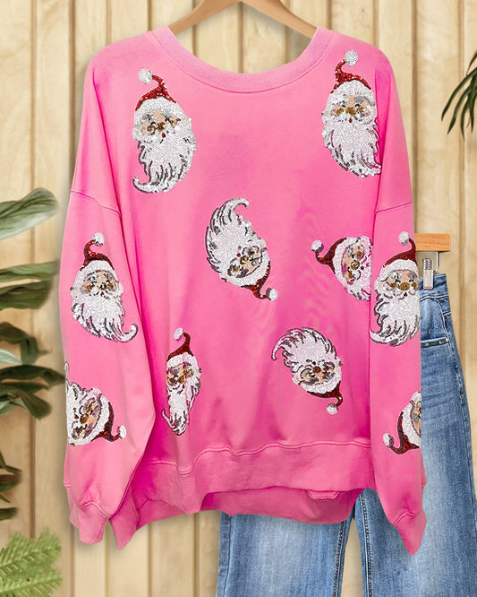 Sequined Santa Claus Unique Drop-Shoulder Sweatshirt