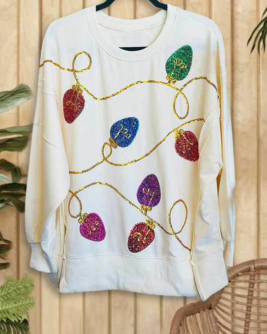 Christmas Light Bulb Sequined Cute Side Split Sweatshirt
