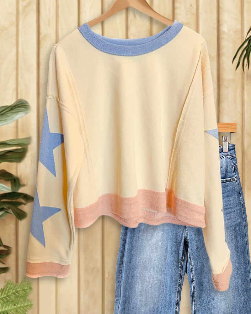 Color Block Star Applique Relaxed Knitted Sweatshirt