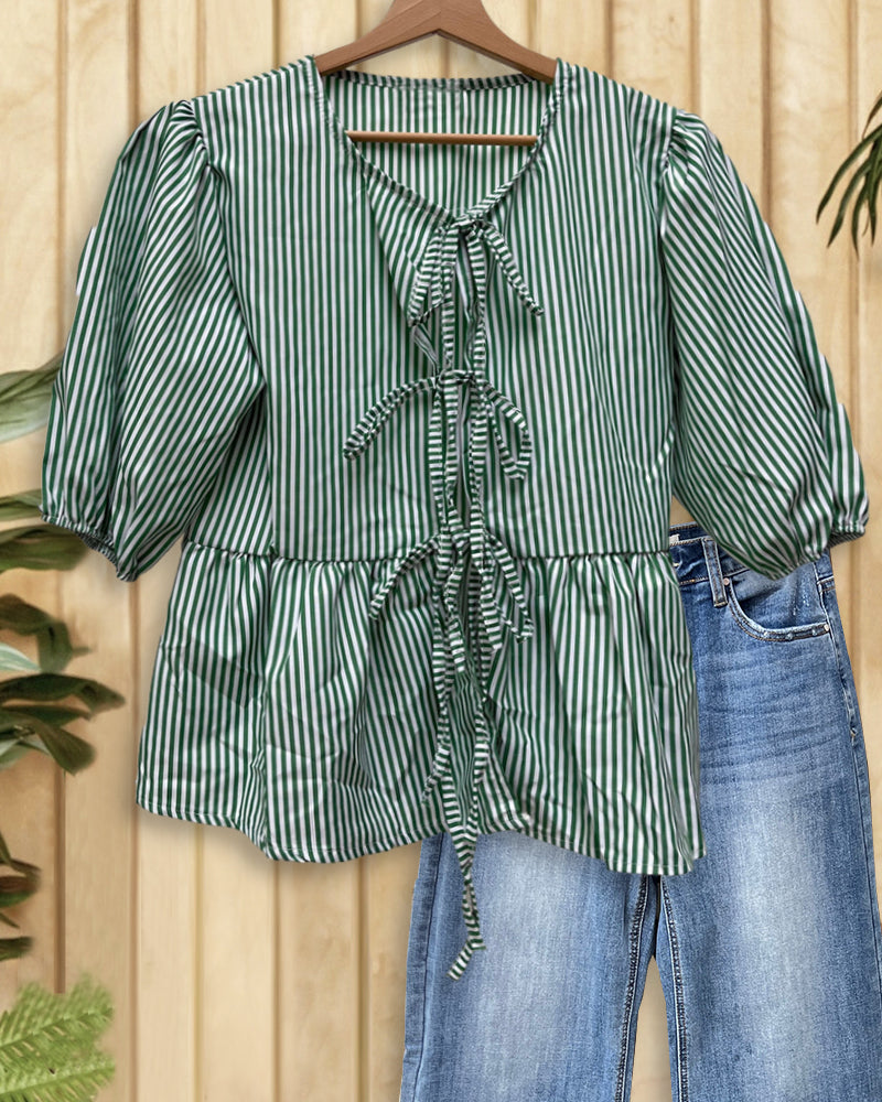 Vertical Striped Lace-Up Smart Peplum Babydoll Blouse
