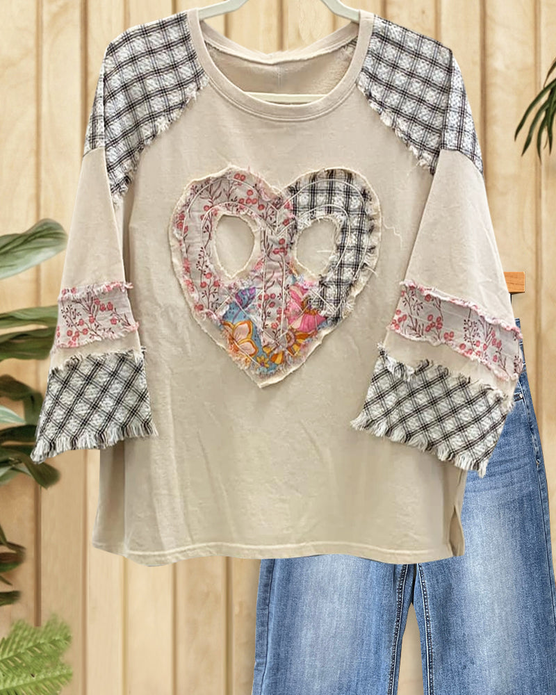 Patchwork Heart Applique Stylish Round Neck Blouse