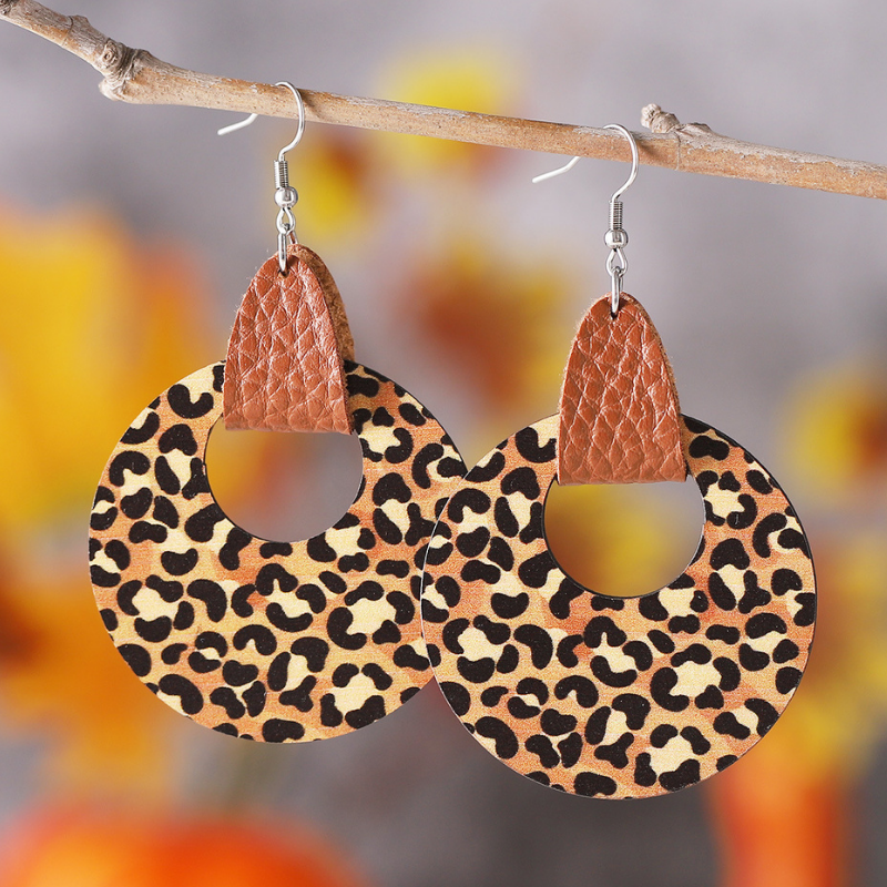 Leopard Print Cutout Round Wooden Pendant Boho Earrings