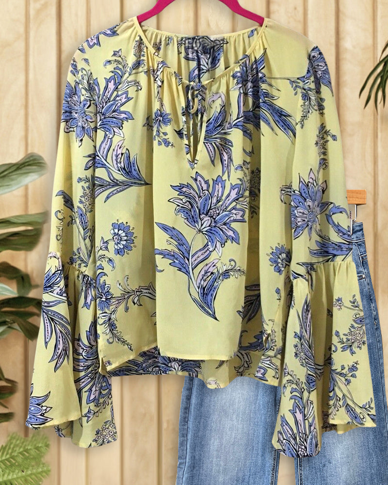 Floral Print Bell Sleeve Tie Neck Urban Blouse