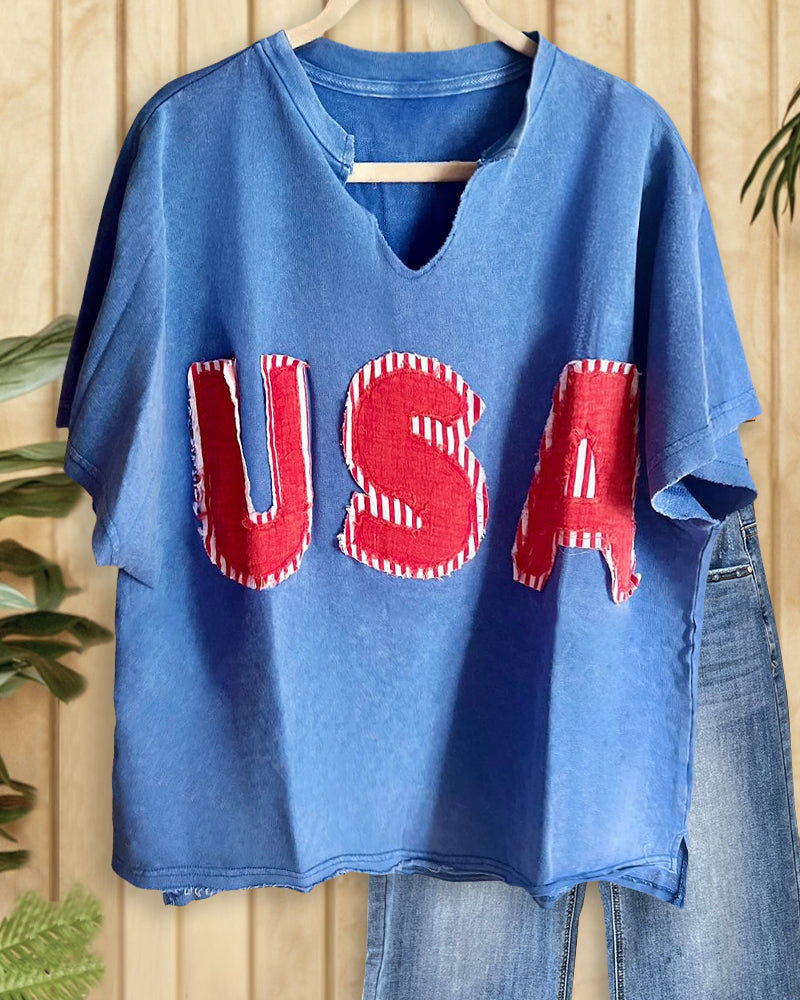 Letter Applique Cozy V Neck Shirt