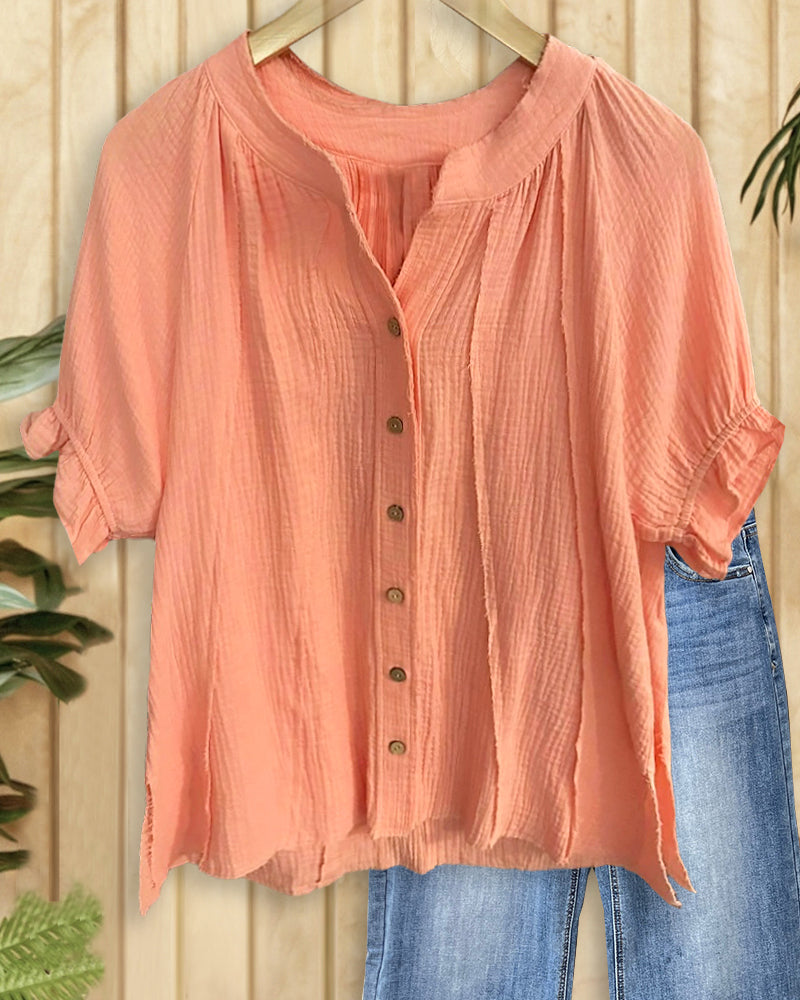 Solid Color Raglan Sleeve Cozy Button Blouse