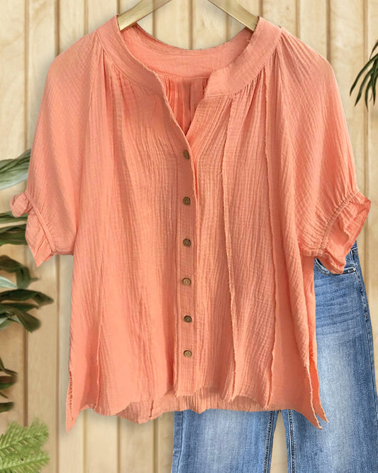 Solid Color Raglan Sleeve Cozy Button Blouse