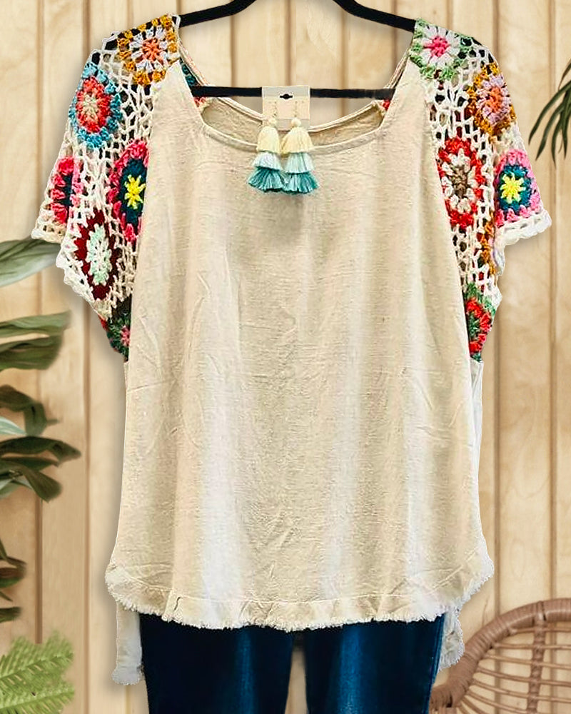 Floral Crochet Patchwork Relaxed Round Neck T-Shirt