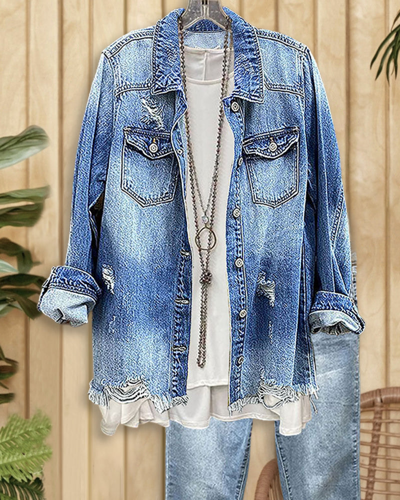 Ripped Holes Frayed Hem Denim Jacket