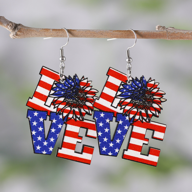 National Flag Print LOVE-shaped Wooden Pendant On-trend Earrings