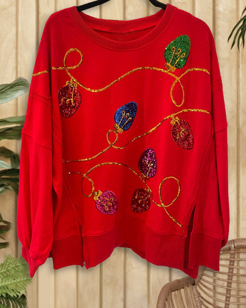 Christmas Light Bulb Sequined Cute Side Split Sweatshirt