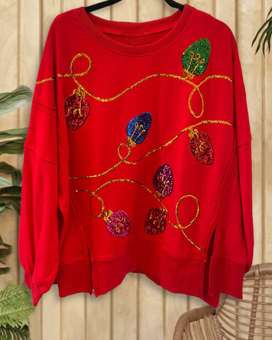 Christmas Light Bulb Sequined Cute Side Split Sweatshirt