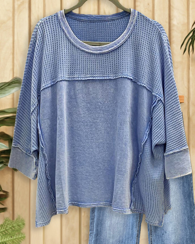 Waffle Patchwork Oversized Round Neck Shirt