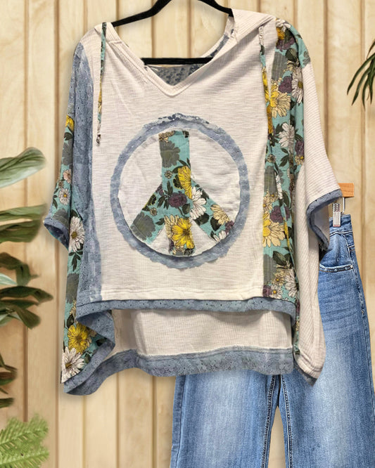 Floral Print & Lace Mixed Patchwork Stylish Peace Applique Blouse