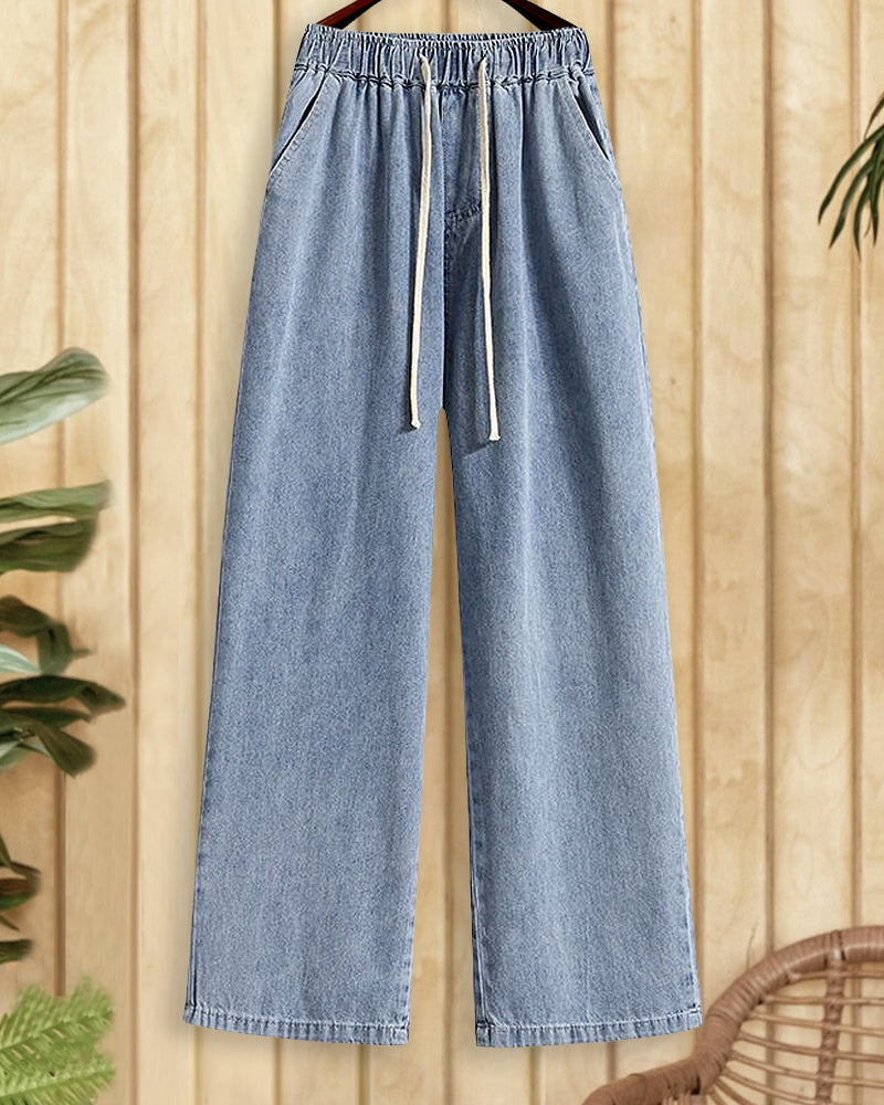 Solid Color Classic Drawstring Straight Leg Jeans