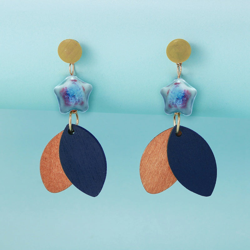 Ceramic Star Decor Modern Wooden Leaf-shaped Pendant Earrings