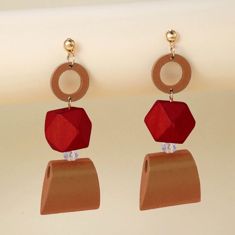 Color Block Geometric Wooden Pendant Ethnic Earrings