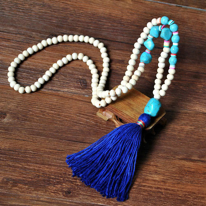 Peace Sign Pendant Ethnic Tassel Wooden Bead Necklace