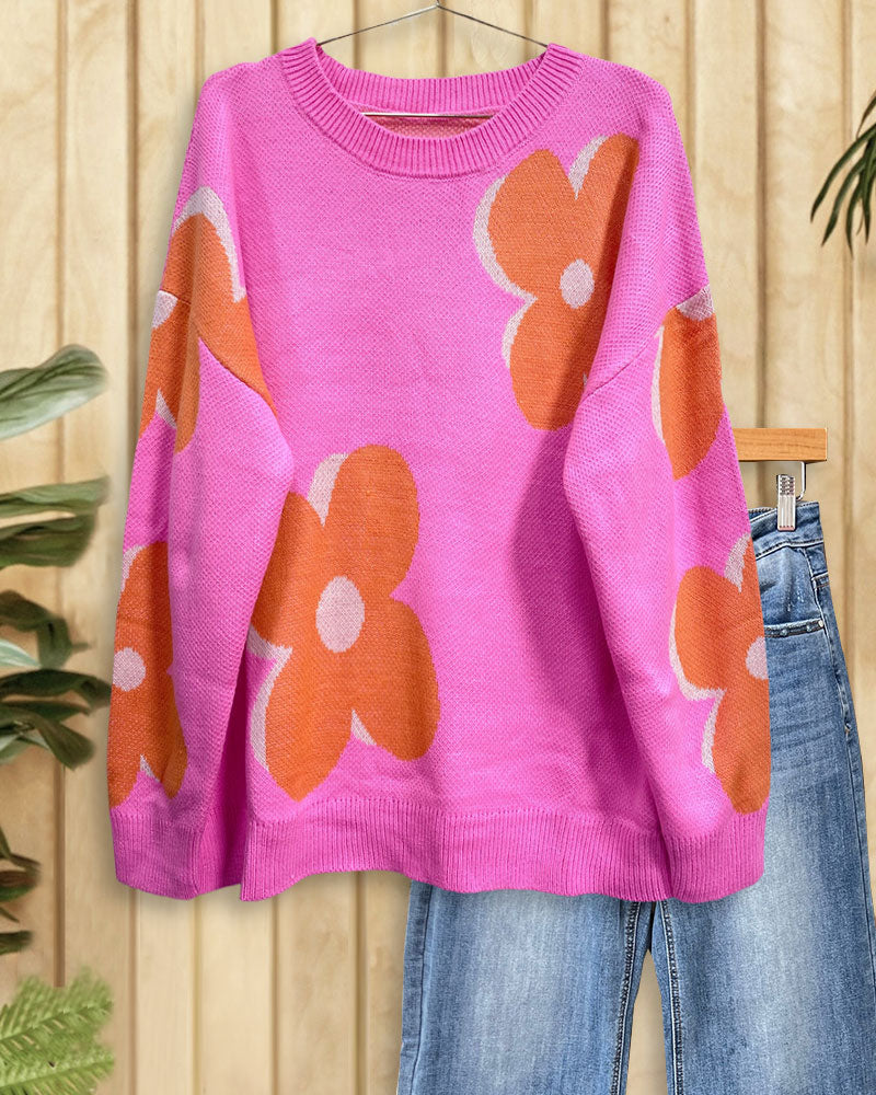 Floral Print Urban Round Neck Drop Shoulder Sweater