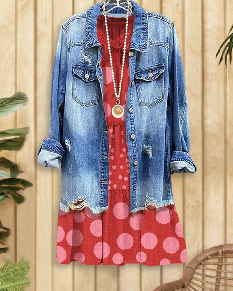 Vintage Polka Dot Print Ruffle Midi Dress