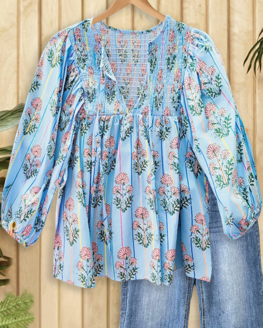 Floral Mixed Print Smocked Tie Neck Cute T-Shirt