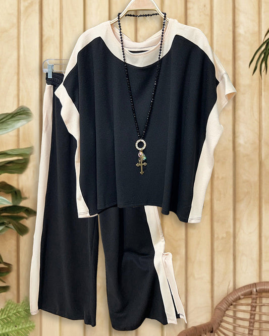 Color Block Ribbed Casual Side Slit Pant Suit