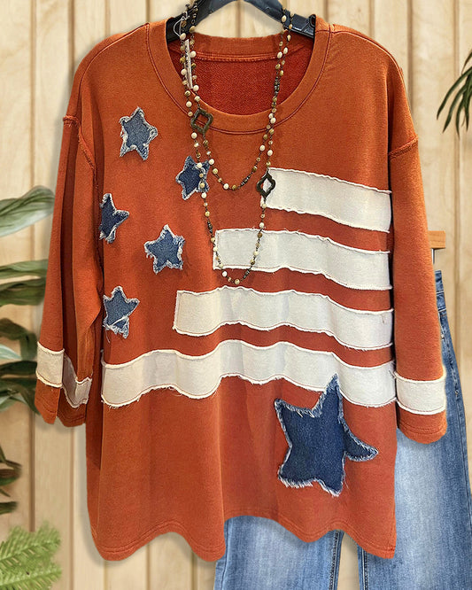 Frayed Stars & Lines Applique Relaxed Round Neck Blouse