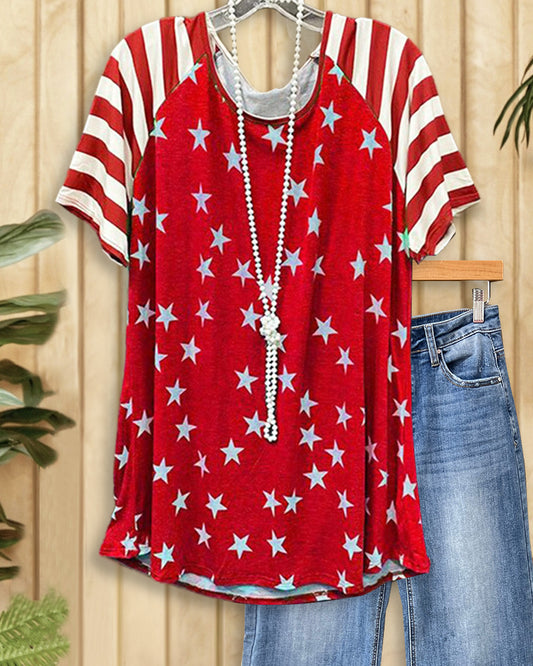 Striped & Star Print Casual Raglan Sleeve T-Shirt