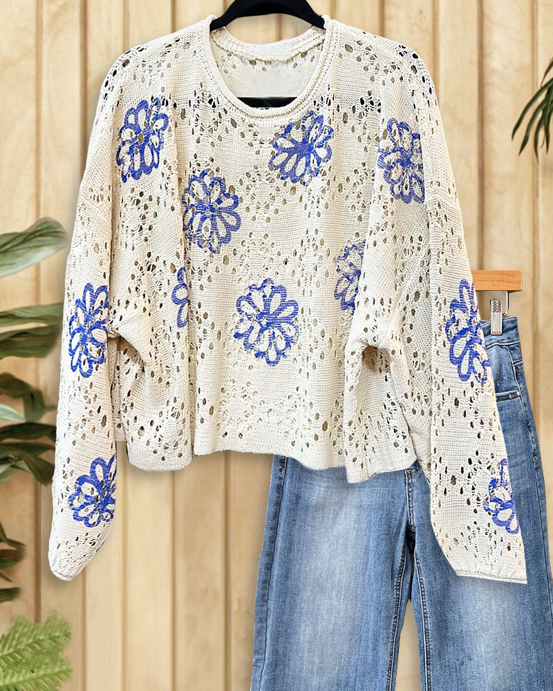 Floral Print Versatile Cutout Drop Shoulder Sweater