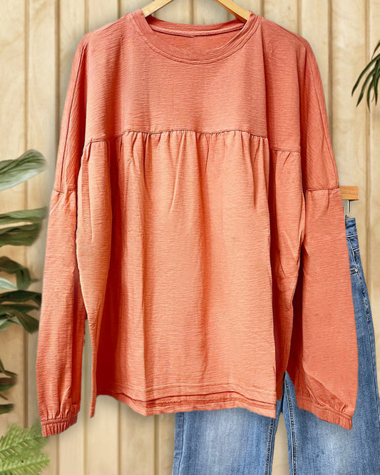 Solid Color Classic Round Neck Drop-Shoulder Blouse