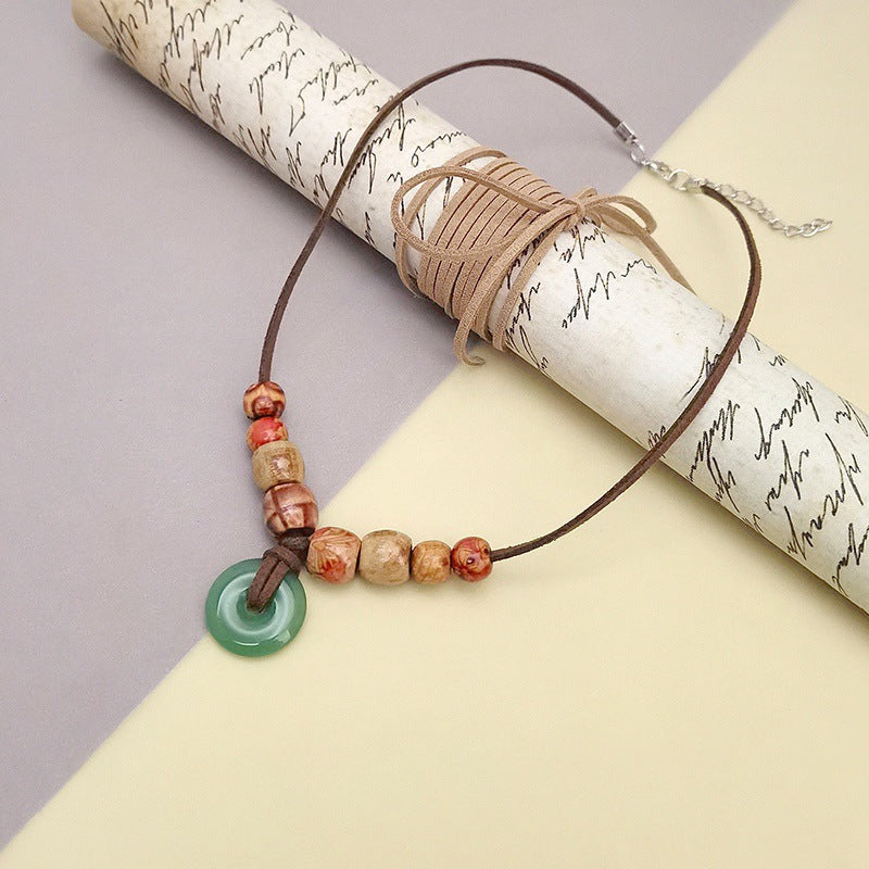 Wooden Bead Oriental Harmony Pendant Necklace