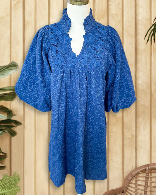 Floral Lace Applique Leaf Print Elegant Puff Sleeve Mini Dress