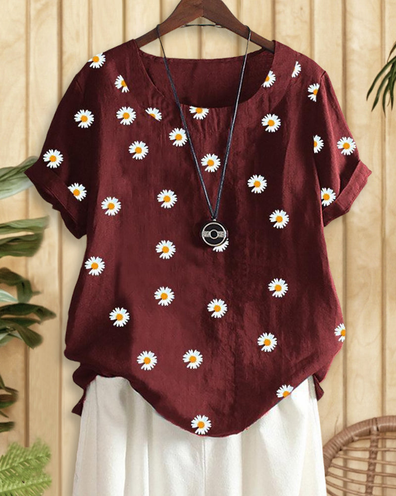 Daisy Print Relaxed Scoop Neck T-Shirt