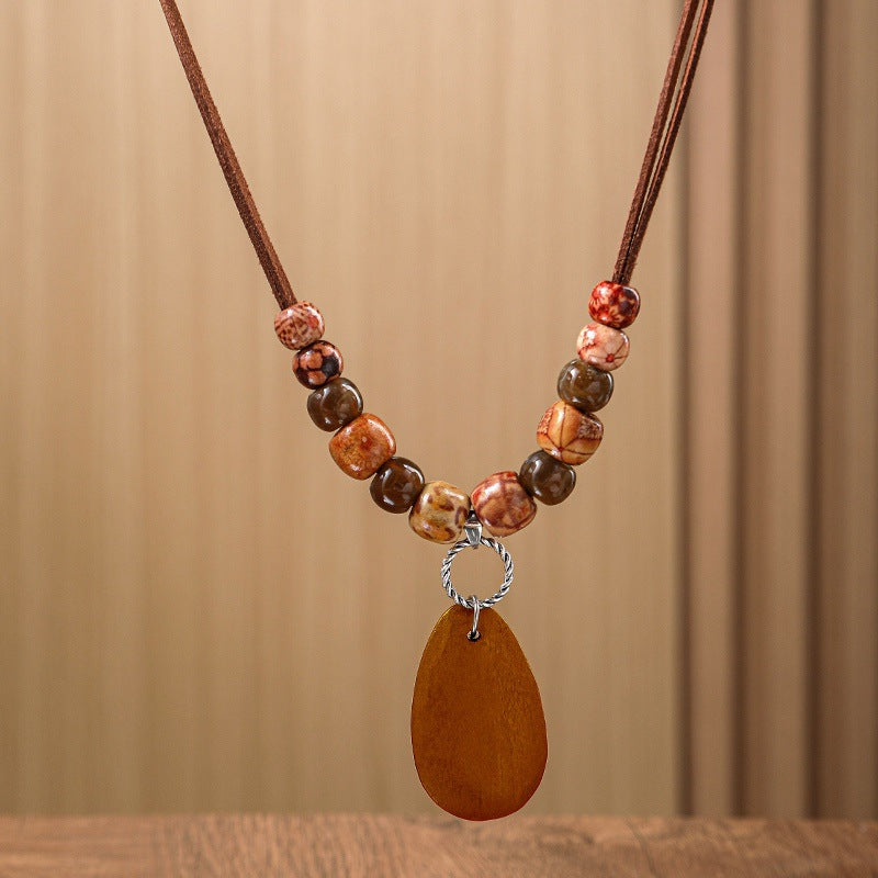 Wooden Bead Classic Drop-shaped Pendant Necklace