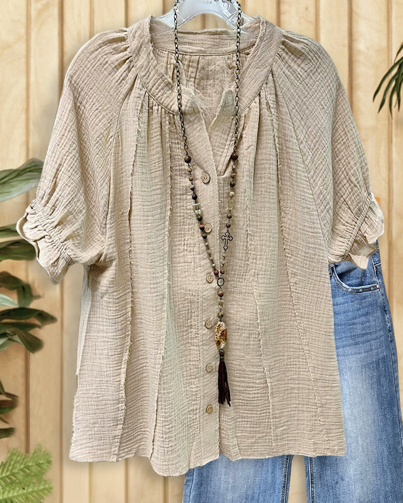Solid Color Raglan Sleeve Cozy Button Blouse