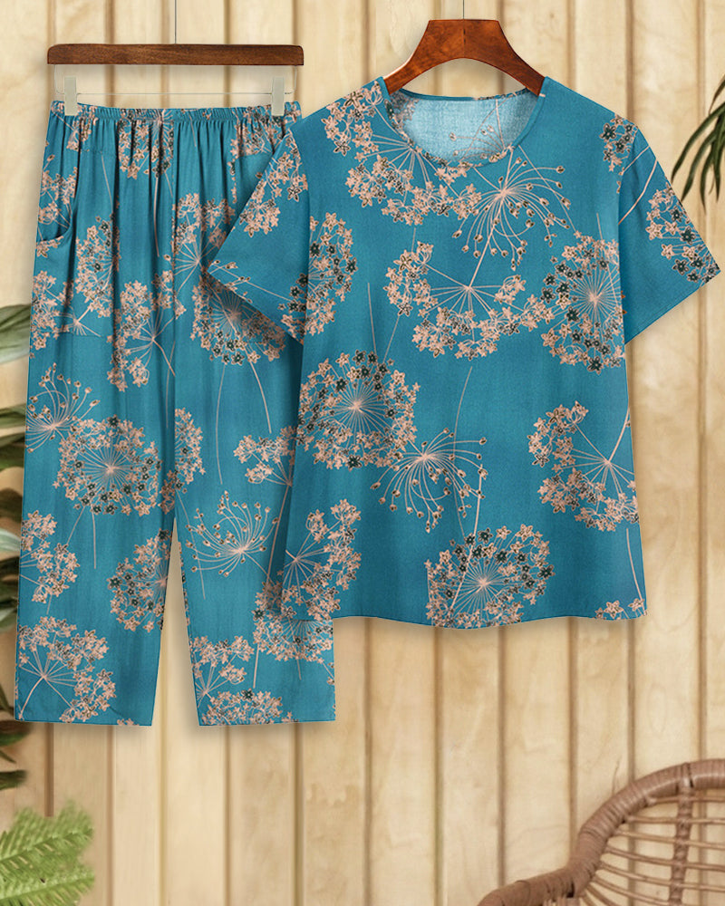 Floral Print Round Neck Casual Wear Pant Suit