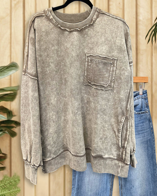 Solid Color Washed Casual Drop-Shoulder Sweatshirt