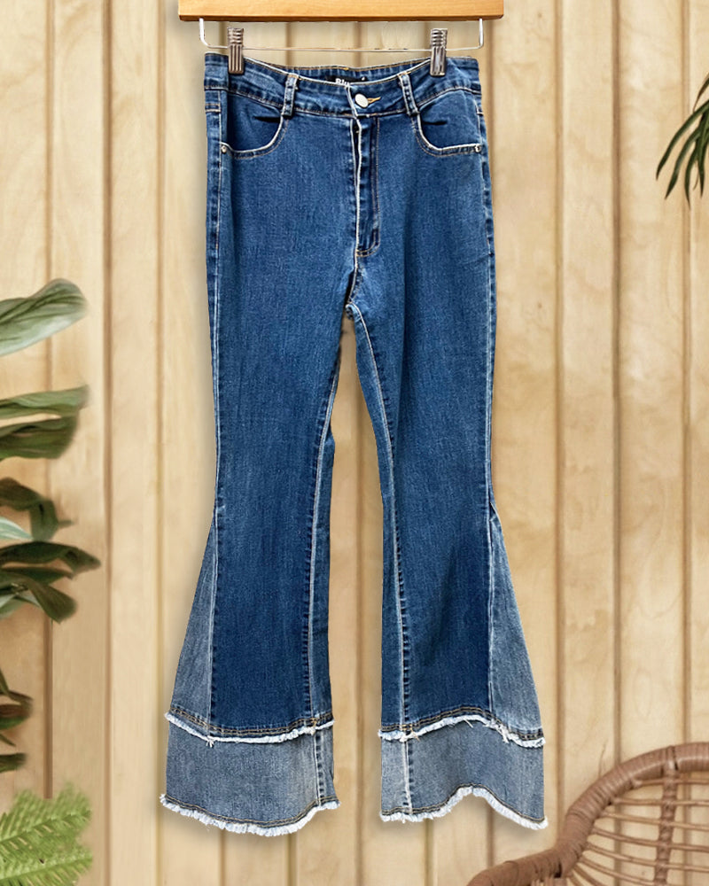 Blue Gradient Pretty Frayed Split Hem Micro Flared Jeans