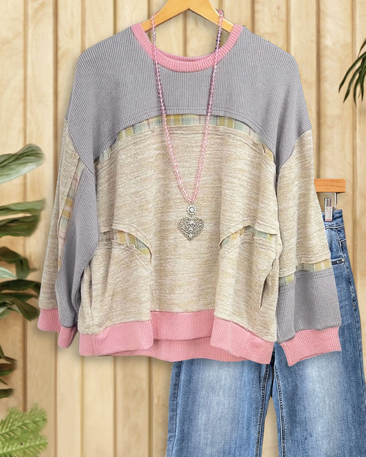 Patchwork Color Block Unusual Round Neck Blouse