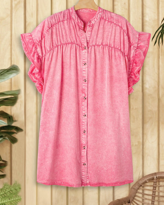 Solid Color Ruffle Sleeve Stylish Button Down Mini Dress
