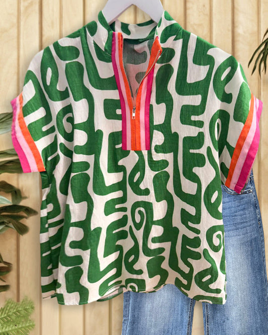 Graphic Print Classic Zipper Collar Blouse