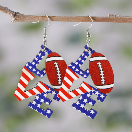 National Flag Print LOVE-shaped Wooden Pendant On-trend Earrings