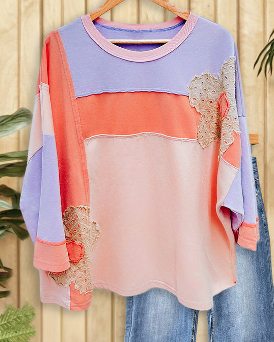 Floral Applique Color Block Casual Wear T-Shirt