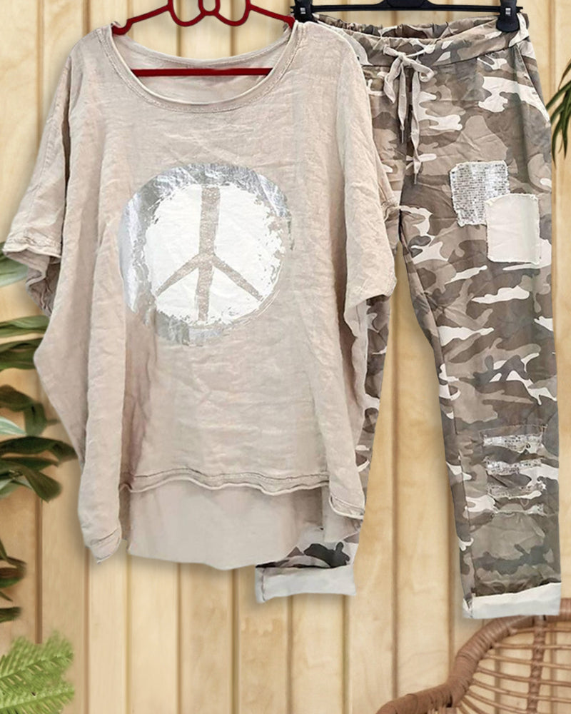 Peace Print Camouflage On-trend Drawstring Pant Suit