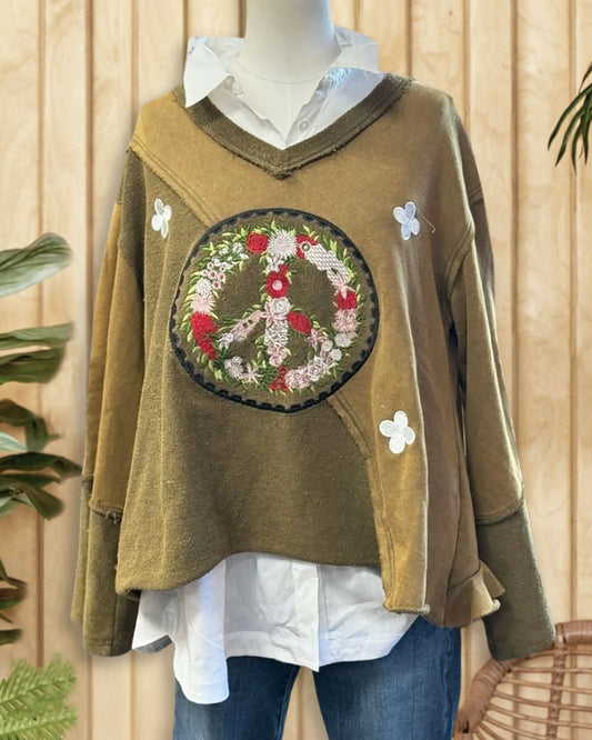 Distressed Peace Wreath Embroidery Ethnic V Neck Blouse
