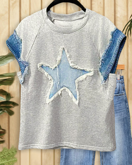 Hit Color Patchwork Denim Smart Star Applique T-Shirt