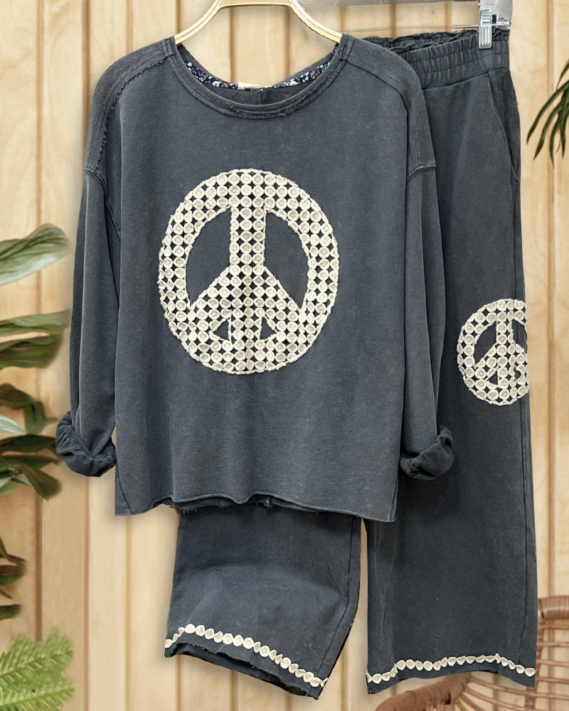 Peace Sign Lace Applique Urban Casual Wear Pant Suit