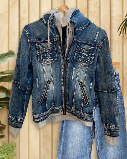Ripped Denim Stylish Hooded Fake Two Piece Patchwork Jacket