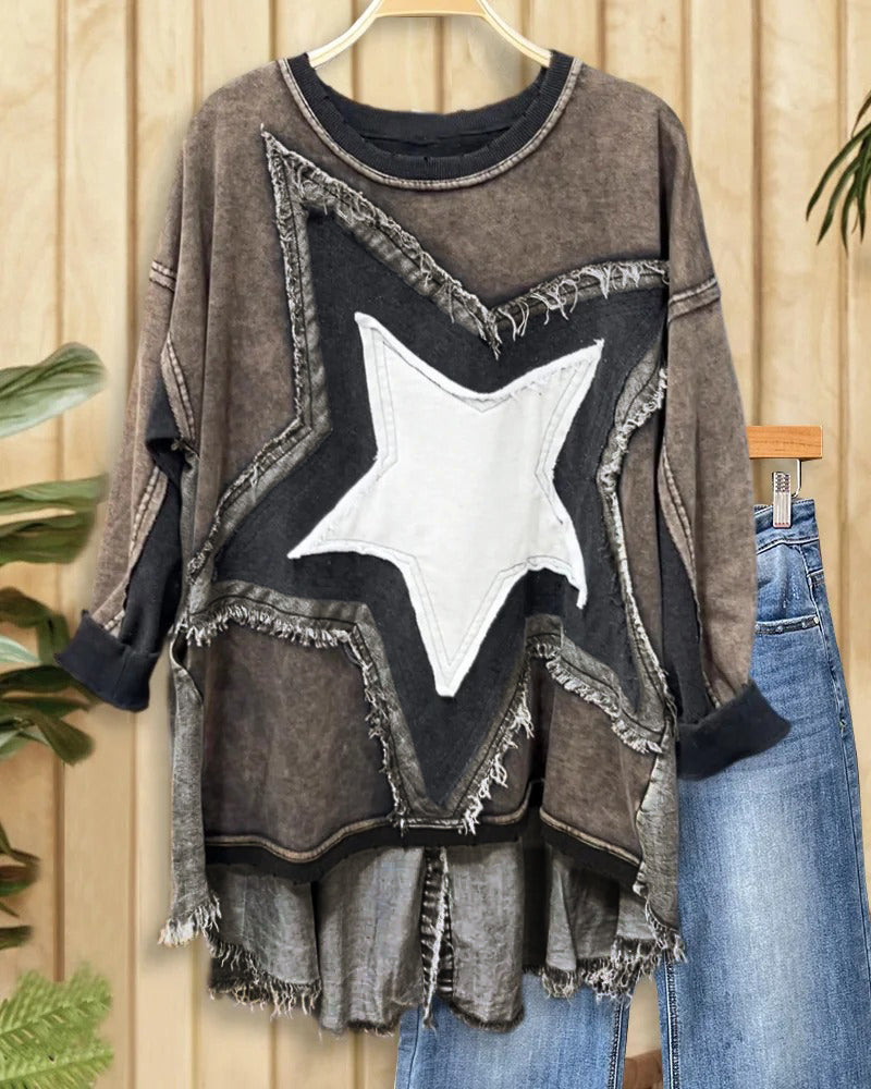 Color Block Star Applique Feminine Drop Shoulder Irregular Blouse
